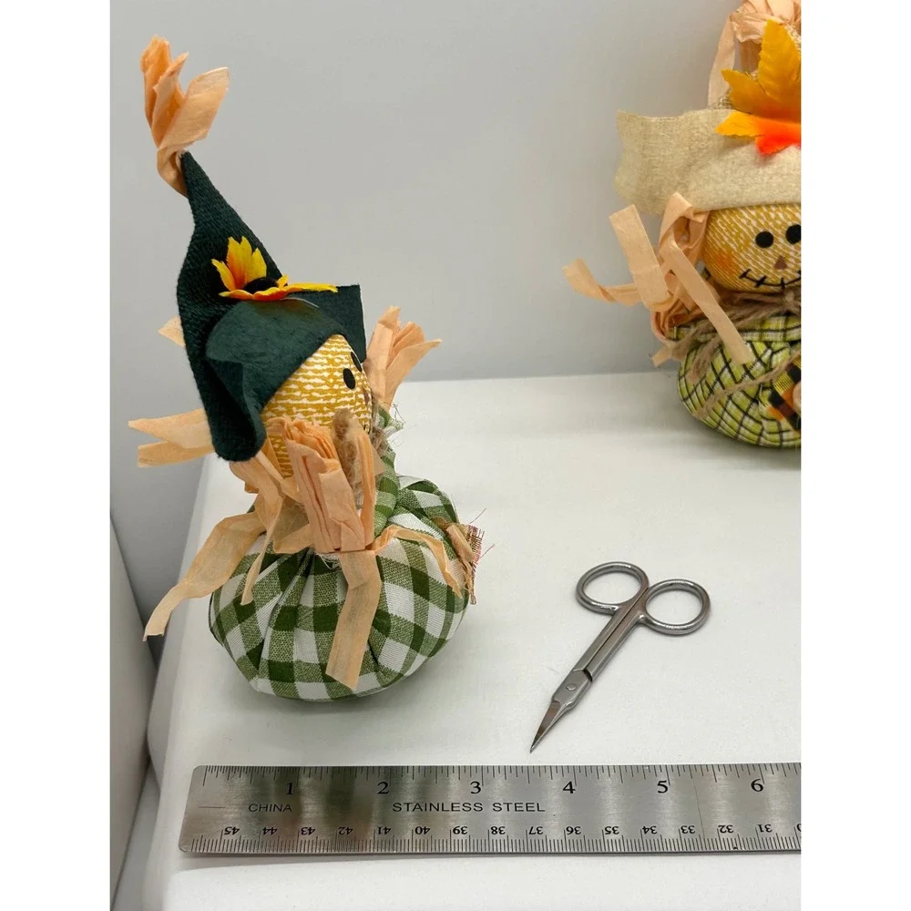 Autumn Scarecrow Figurine Set 2pc Green Yellow Gingham Plaid Fall Harvest Decor